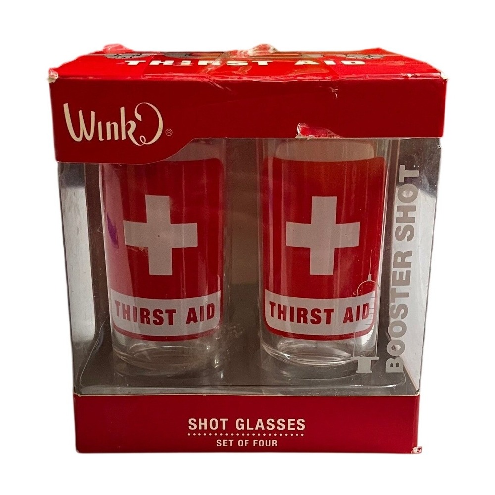Wink Thirst Aid Shot Glasses Set of 4 Red White Medical Novelty Booster Shot
